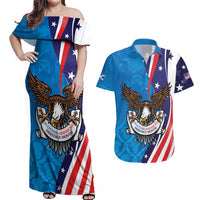 Scottish-American Heritage Month Personalized Couples Matching Off Shoulder Maxi Dress and Hawaiian Shirt Highland Cow and USA-eagle
