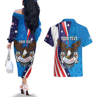 Scottish-American Heritage Month Personalized Couples Matching Off The Shoulder Long Sleeve Dress and Hawaiian Shirt Highland Cow and USA-eagle