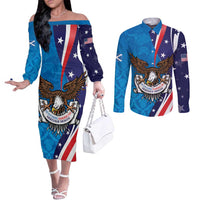 Scottish-American Heritage Month Personalized Couples Matching Off The Shoulder Long Sleeve Dress and Long Sleeve Button Shirt Highland Cow and USA-eagle