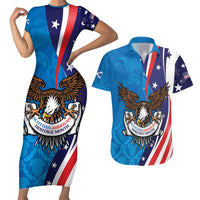 Scottish-American Heritage Month Personalized Couples Matching Short Sleeve Bodycon Dress and Hawaiian Shirt Highland Cow and USA-eagle