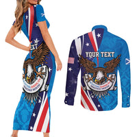 Scottish-American Heritage Month Personalized Couples Matching Short Sleeve Bodycon Dress and Long Sleeve Button Shirt Highland Cow and USA-eagle