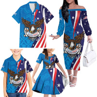 Scottish-American Heritage Month Personalized Family Matching Off The Shoulder Long Sleeve Dress and Hawaiian Shirt Highland Cow and USA-eagle