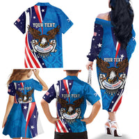 Scottish-American Heritage Month Personalized Family Matching Off The Shoulder Long Sleeve Dress and Hawaiian Shirt Highland Cow and USA-eagle
