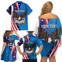 Scottish-American Heritage Month Personalized Family Matching Off Shoulder Short Dress and Hawaiian Shirt Highland Cow and USA-eagle