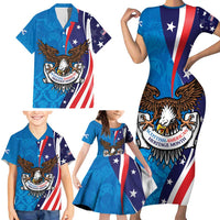 Scottish-American Heritage Month Personalized Family Matching Short Sleeve Bodycon Dress and Hawaiian Shirt Highland Cow and USA-eagle