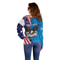 Scottish-American Heritage Month Personalized Off Shoulder Sweater Highland Cow and USA-eagle