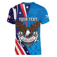 Scottish-American Heritage Month Personalized Women V-Neck T-Shirt Highland Cow and USA-eagle