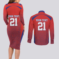 Costa Rica Football Custom Couples Matching Long Sleeve Bodycon Dress and Long Sleeve Button Shirt Los Ticos Go Champions