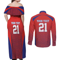 Costa Rica Football Custom Couples Matching Off Shoulder Maxi Dress and Long Sleeve Button Shirt Los Ticos Go Champions