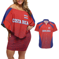 Costa Rica Football Custom Couples Matching Off Shoulder Short Dress and Hawaiian Shirt Los Ticos Go Champions