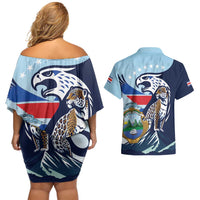Costa Rica Jaguar Guaria Morada Couples Matching Off Shoulder Short Dress and Hawaiian Shirt