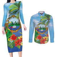 Costa Rica Parrot Tropical Flowers Couples Matching Long Sleeve Bodycon Dress and Long Sleeve Button Shirt