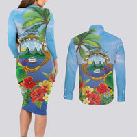 Costa Rica Parrot Tropical Flowers Couples Matching Long Sleeve Bodycon Dress and Long Sleeve Button Shirt