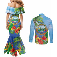 Costa Rica Parrot Tropical Flowers Couples Matching Mermaid Dress and Long Sleeve Button Shirt