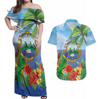 Costa Rica Parrot Tropical Flowers Couples Matching Off Shoulder Maxi Dress and Hawaiian Shirt