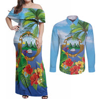 Costa Rica Parrot Tropical Flowers Couples Matching Off Shoulder Maxi Dress and Long Sleeve Button Shirt