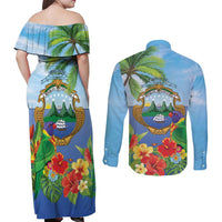 Costa Rica Parrot Tropical Flowers Couples Matching Off Shoulder Maxi Dress and Long Sleeve Button Shirt