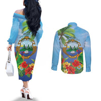 Costa Rica Parrot Tropical Flowers Couples Matching Off The Shoulder Long Sleeve Dress and Long Sleeve Button Shirt