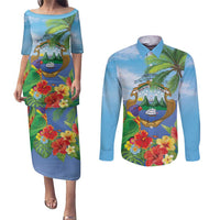 Costa Rica Parrot Tropical Flowers Couples Matching Puletasi and Long Sleeve Button Shirt