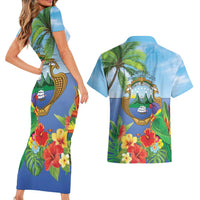 Costa Rica Parrot Tropical Flowers Couples Matching Short Sleeve Bodycon Dress and Hawaiian Shirt