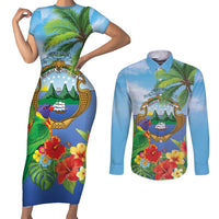 Costa Rica Parrot Tropical Flowers Couples Matching Short Sleeve Bodycon Dress and Long Sleeve Button Shirt
