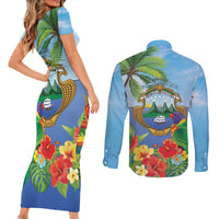 Costa Rica Parrot Tropical Flowers Couples Matching Short Sleeve Bodycon Dress and Long Sleeve Button Shirt