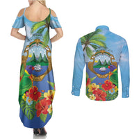 Costa Rica Parrot Tropical Flowers Couples Matching Summer Maxi Dress and Long Sleeve Button Shirt