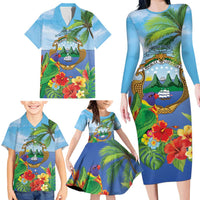 Costa Rica Parrot Tropical Flowers Family Matching Long Sleeve Bodycon Dress and Hawaiian Shirt