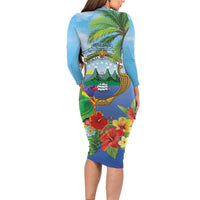Costa Rica Parrot Tropical Flowers Family Matching Long Sleeve Bodycon Dress and Hawaiian Shirt