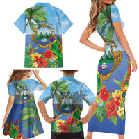 Costa Rica Parrot Tropical Flowers Family Matching Short Sleeve Bodycon Dress and Hawaiian Shirt