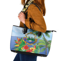 Costa Rica Parrot Tropical Flowers Leather Tote Bag