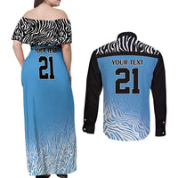 Botswana Cricket Custom Couples Matching Off Shoulder Maxi Dress and Long Sleeve Button Shirt Baggy Blues Zebra Skins Pattern - Wonder Print Shop