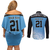 Botswana Cricket Custom Couples Matching Off Shoulder Short Dress and Long Sleeve Button Shirt Baggy Blues Zebra Skins Pattern - Wonder Print Shop