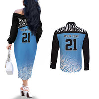 Botswana Cricket Custom Couples Matching Off The Shoulder Long Sleeve Dress and Long Sleeve Button Shirt Baggy Blues Zebra Skins Pattern - Wonder Print Shop