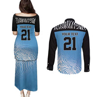 Botswana Cricket Custom Couples Matching Puletasi and Long Sleeve Button Shirt Baggy Blues Zebra Skins Pattern - Wonder Print Shop