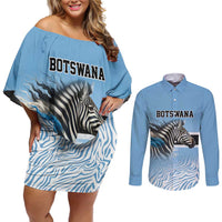 Botswana Independence Day 1966 Couples Matching Off Shoulder Short Dress and Long Sleeve Button Shirt Tribal Zebra Skins Pattern - Wonder Print Shop