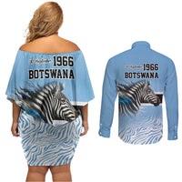 Botswana Independence Day 1966 Couples Matching Off Shoulder Short Dress and Long Sleeve Button Shirt Tribal Zebra Skins Pattern - Wonder Print Shop
