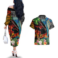 Hawaii Strong Maui Wildfire Couples Matching Off The Shoulder Long Sleeve Dress and Hawaiian Shirt Pray For Lahaina Maui LT9 - Wonder Print Shop