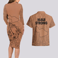 Hawaii Strong Maui Wildfire Couples Matching Long Sleeve Bodycon Dress and Hawaiian Shirt No1 LT9 - Wonder Print Shop