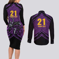 Custom Caribbean Cricket Trinidad and Tobago Cricket Couples Matching Long Sleeve Bodycon Dress and Long Sleeve Button Shirt TKR Champions 2025 Purple Edition - Wonder Print Shop