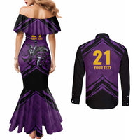 Custom Caribbean Cricket Trinidad and Tobago Cricket Couples Matching Mermaid Dress and Long Sleeve Button Shirt TKR Champions 2025 Purple Edition - Wonder Print Shop