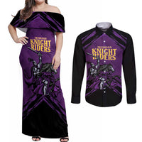 Custom Caribbean Cricket Trinidad and Tobago Cricket Couples Matching Off Shoulder Maxi Dress and Long Sleeve Button Shirt TKR Champions 2025 Purple Edition - Wonder Print Shop
