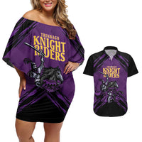 Custom Caribbean Cricket Trinidad and Tobago Cricket Couples Matching Off Shoulder Short Dress and Hawaiian Shirt TKR Champions 2025 Purple Edition - Wonder Print Shop