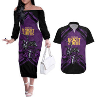 Custom Caribbean Cricket Trinidad and Tobago Cricket Couples Matching Off The Shoulder Long Sleeve Dress and Hawaiian Shirt TKR Champions 2025 Purple Edition - Wonder Print Shop