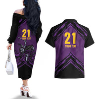 Custom Caribbean Cricket Trinidad and Tobago Cricket Couples Matching Off The Shoulder Long Sleeve Dress and Hawaiian Shirt TKR Champions 2025 Purple Edition - Wonder Print Shop