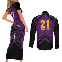 Custom Caribbean Cricket Trinidad and Tobago Cricket Couples Matching Short Sleeve Bodycon Dress and Long Sleeve Button Shirt TKR Champions 2025 Purple Edition - Wonder Print Shop