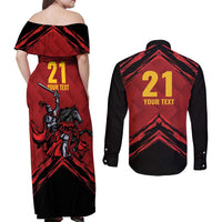Custom Caribbean Cricket Trinidad and Tobago Cricket Couples Matching Off Shoulder Maxi Dress and Long Sleeve Button Shirt TKR Champions 2025 Red Edition - Wonder Print Shop