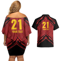 Custom Caribbean Cricket Trinidad and Tobago Cricket Couples Matching Off Shoulder Short Dress and Hawaiian Shirt TKR Champions 2025 Red Edition - Wonder Print Shop