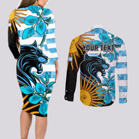 Personalised Argentina Couples Matching Long Sleeve Bodycon Dress and Long Sleeve Button Shirts Los Pumas and Sol de Mayo Ceibo Flowers LT9 - Wonder Print Shop