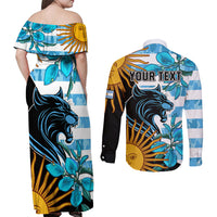 Personalised Argentina Couples Matching Off Shoulder Maxi Dress and Long Sleeve Button Shirts Los Pumas and Sol de Mayo Ceibo Flowers LT9 - Wonder Print Shop
